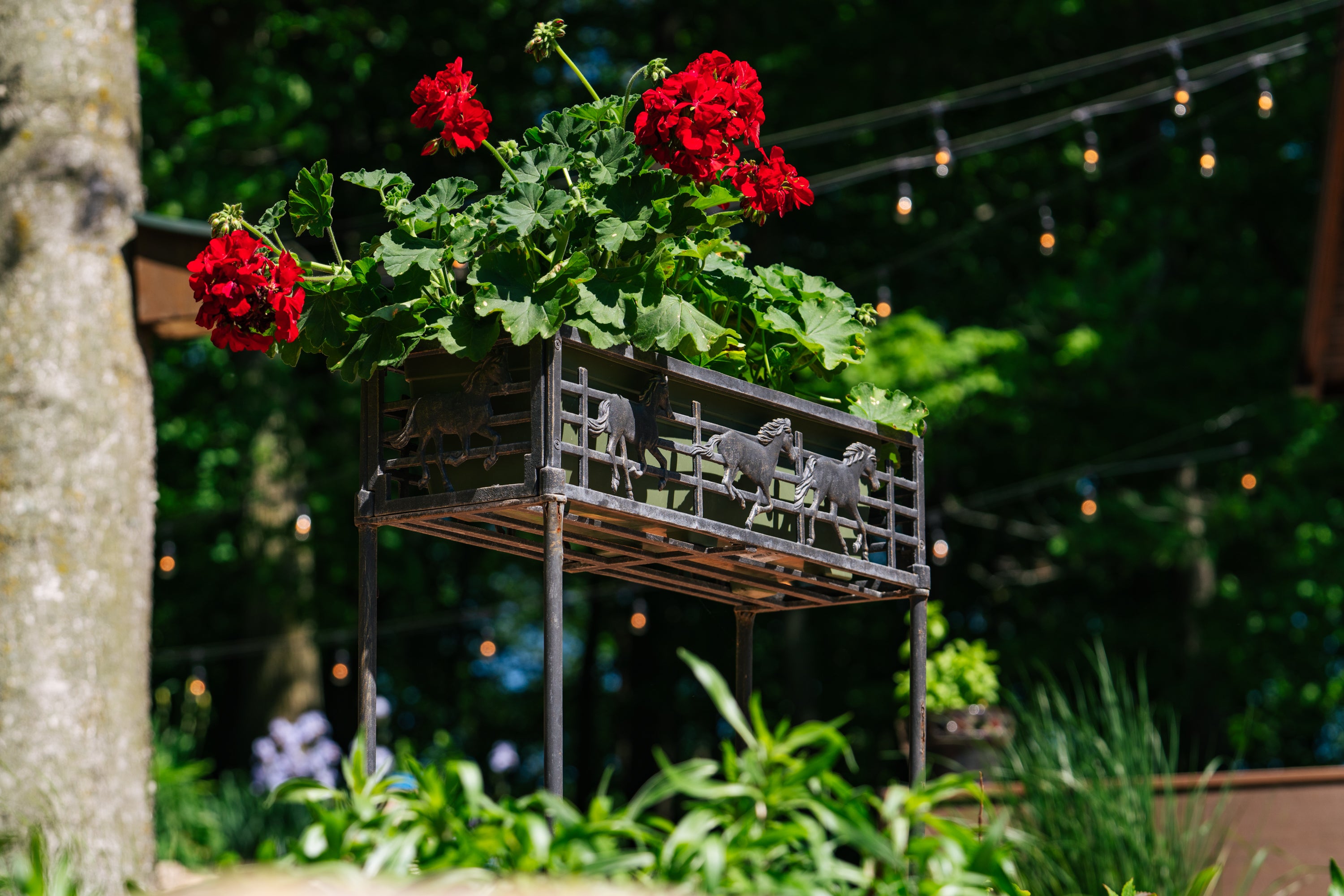 horse plant pot Unique 2-Level Cast Iron Flower Box Stand featuring Running Horses design, 26" wide and 27" tall, Heavy Duty for Deck or Porch