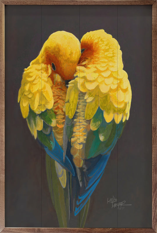 Lovebirds Wood Print on Solid Hardware
