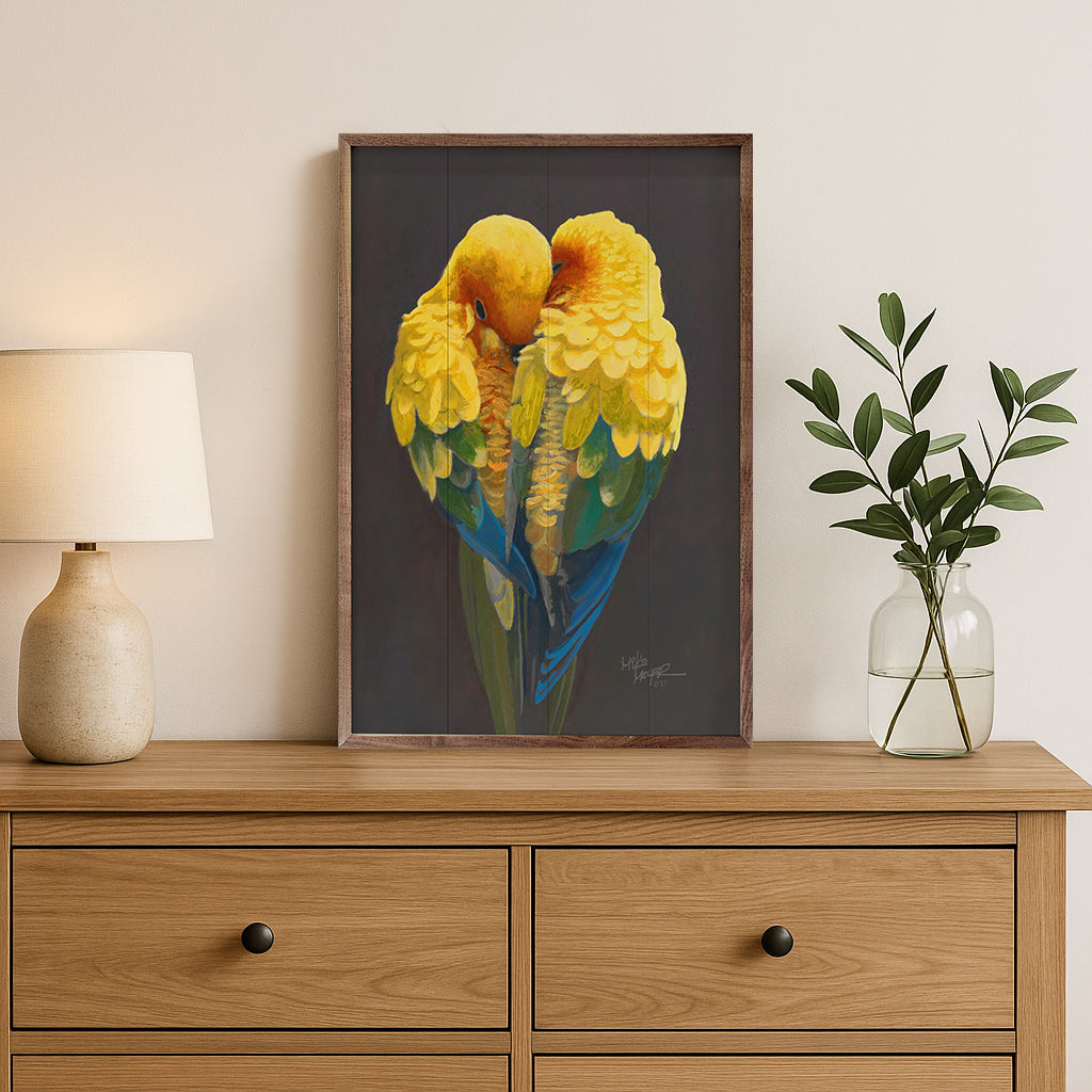 Lovebirds Wood Print on Solid Hardware