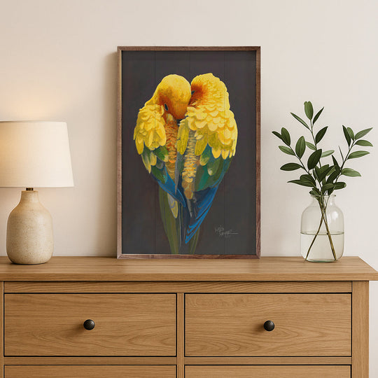 Lovebirds Wood Print on Solid Hardware