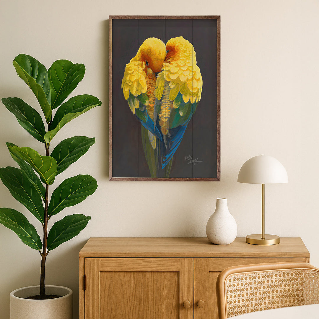 Lovebirds Wood Print on Solid Hardware