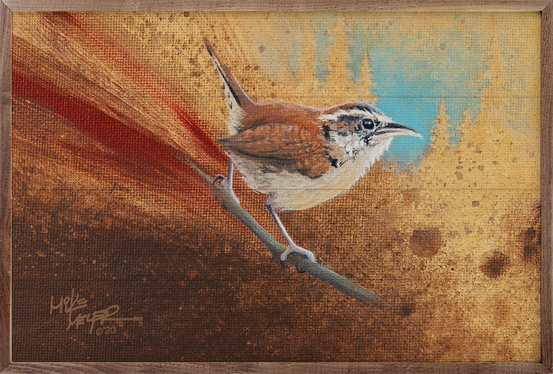 Wren wood print on solid American hardwood with walnut frame