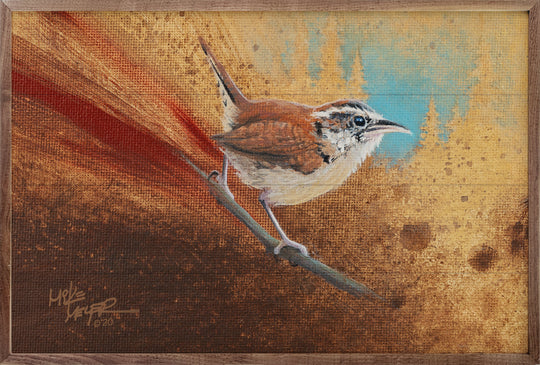 Wren wood print on solid American hardwood with walnut frame